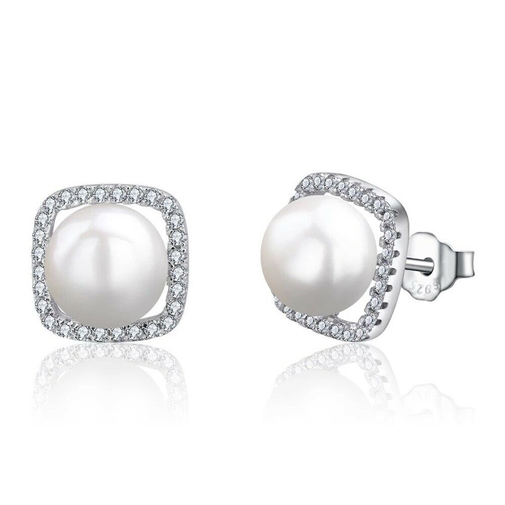 100% 925 纯银淡水珍珠正方形耳环