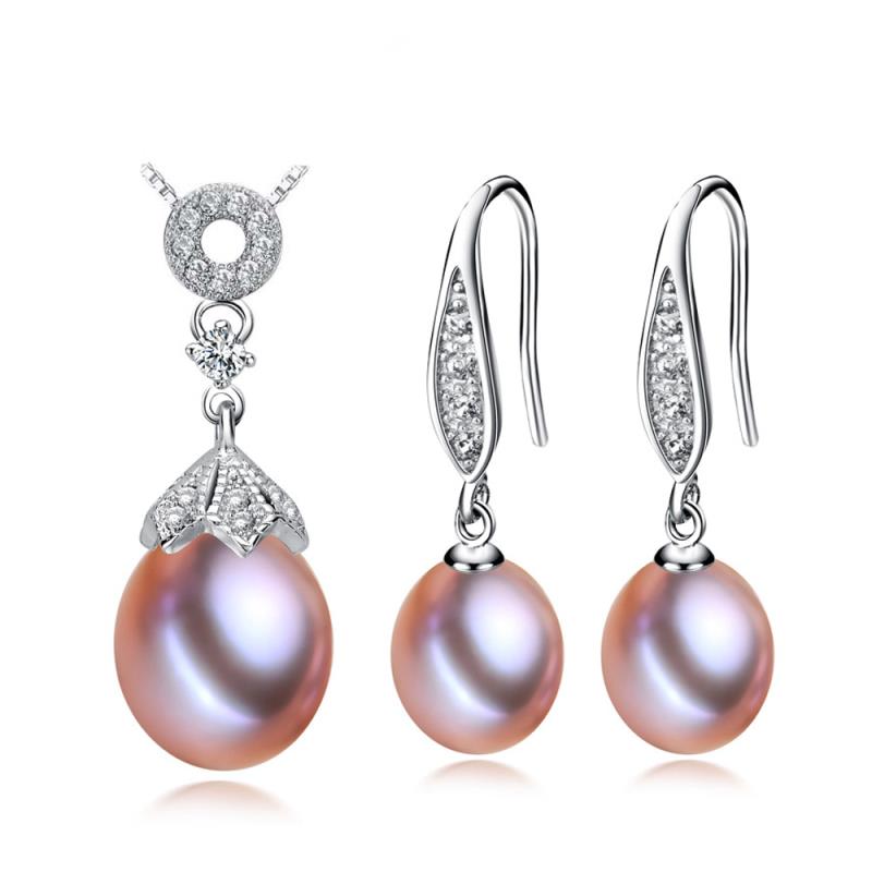 100% 925 Sterling Silver Freshwater Pearl Earrings and Necklace Set