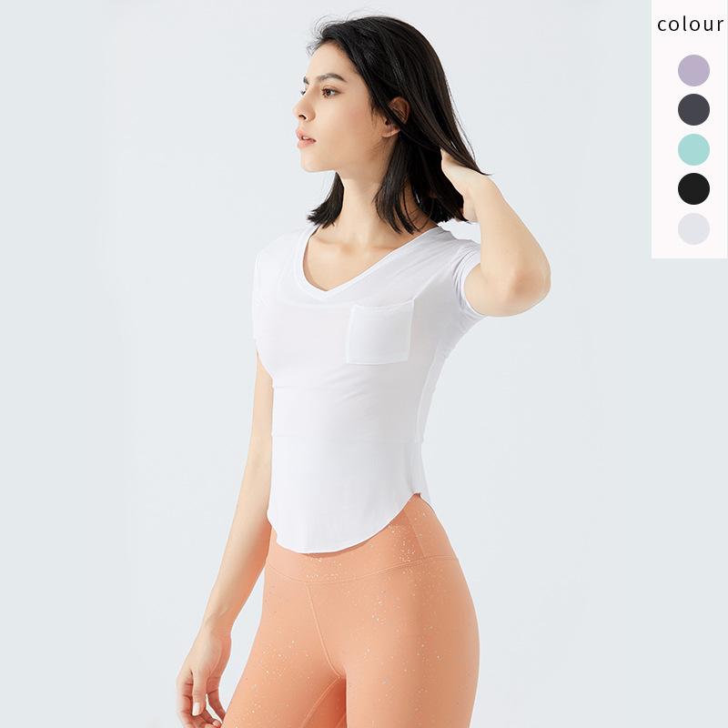 Yoga clothes spring and summer pocket V-neck slim sports t-shirt women's tight stretch running short-sleeved fitness top