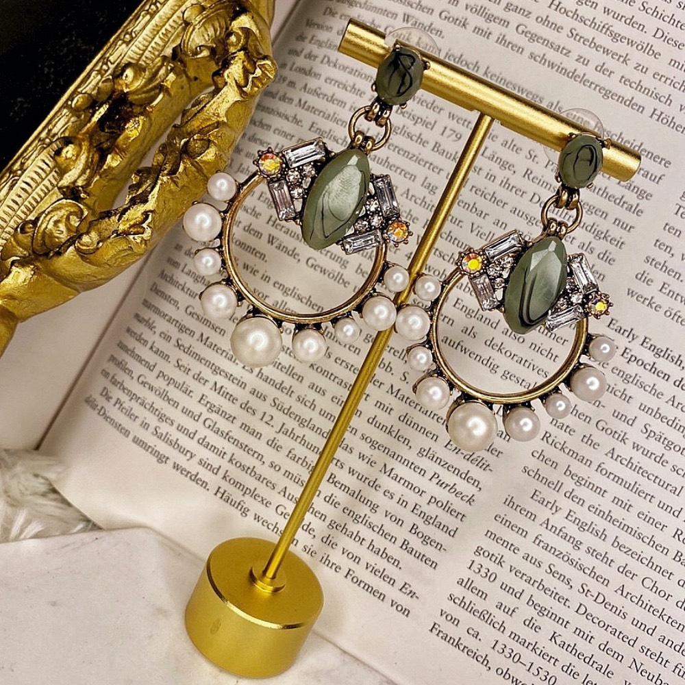925 Silver Post-Green Stone Pearl Geometric Earrings