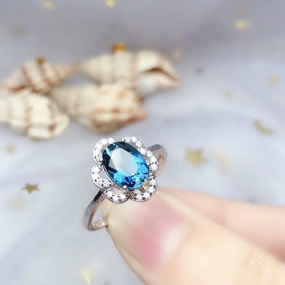 Natural London Blue Topaz Ring, White Gold Plated Silver Ring, November Birthstone, Engagement Cockt