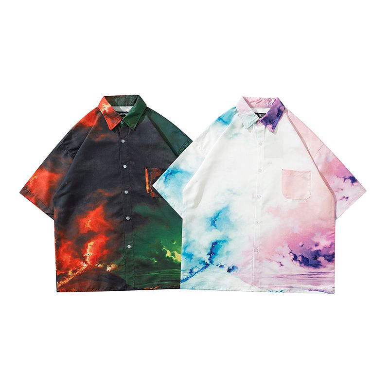 Summer men's European and American half-sleeved color sky loose lapel large version couple style short-sleeved shirt