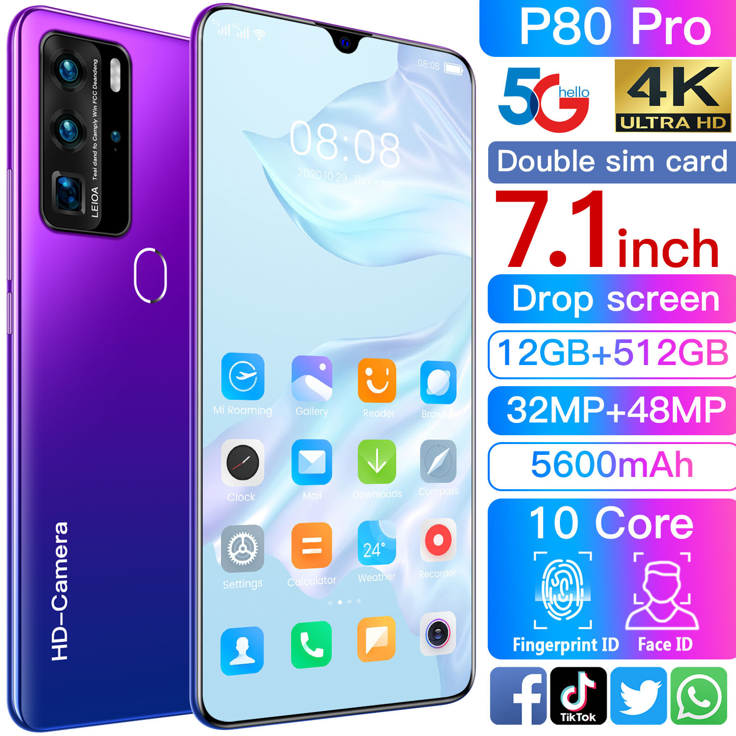 new P80 pro cross-border dedicated mobile phone Android 7.1-inch large-screen smartphone